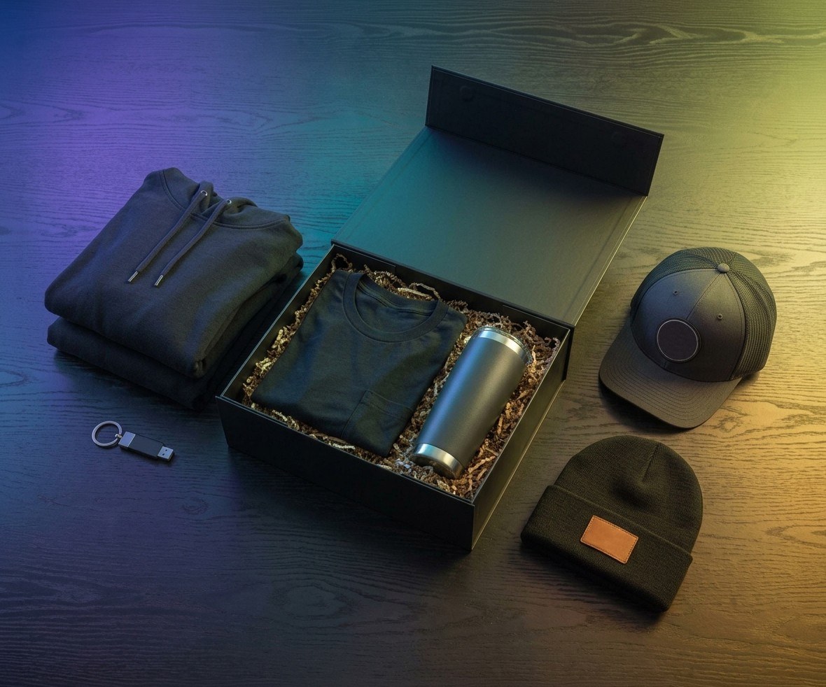 Open black gift box holding a folded tee and a tumbler on paper fill, on a dark wood table lit violet and green, with a folded hoodie, a key tag, a cap and a beanie laid out around it